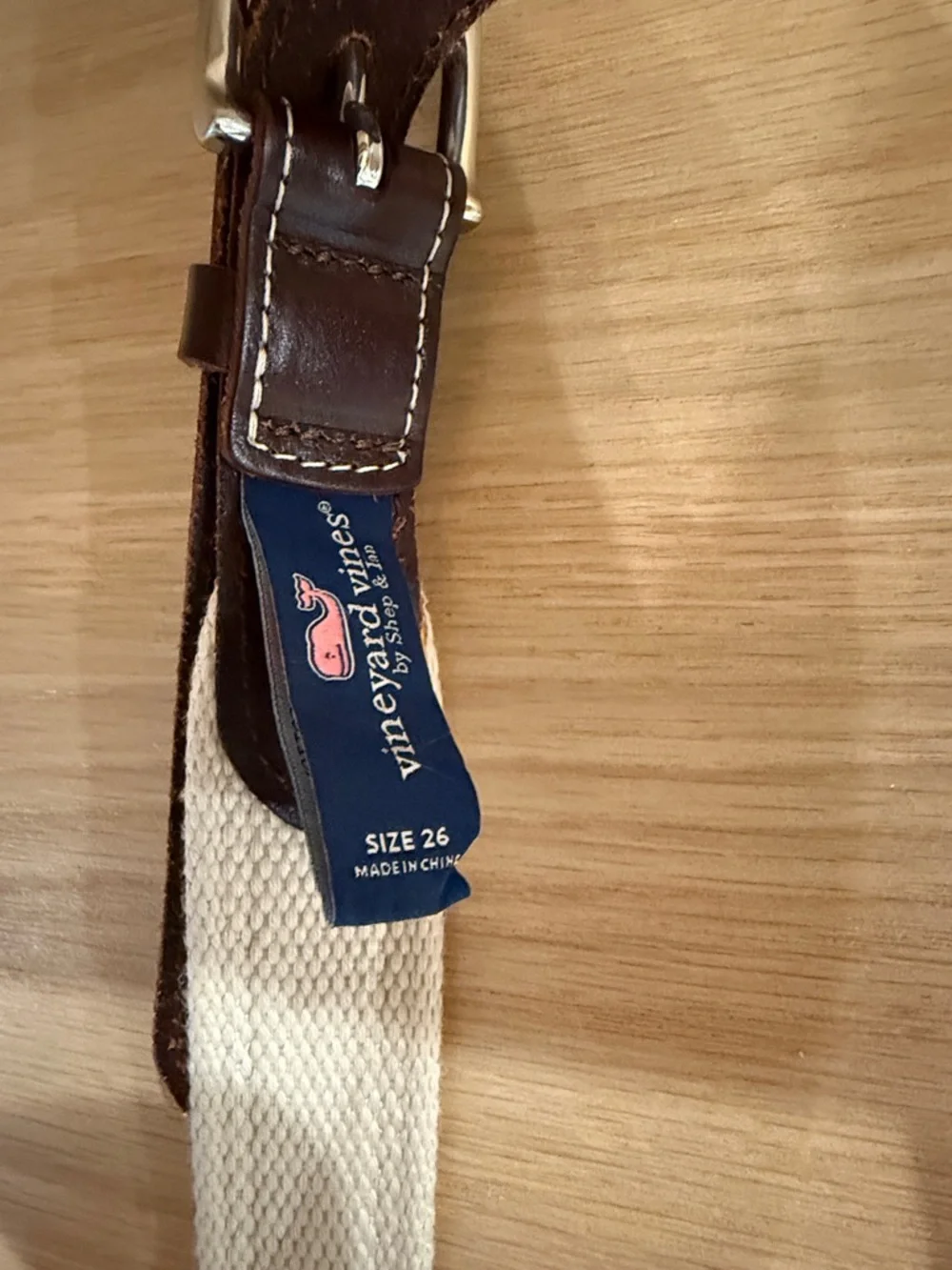 Vineyard Vines Boys Cream Canvas Belt with Blue Stripes and Brown Leather Sz 26